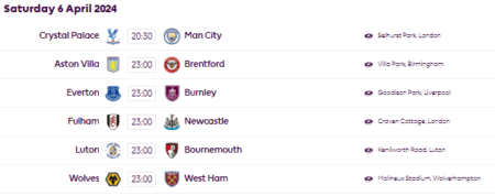프리미어리그 4월 6일 경기 일정